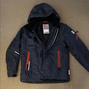 Navy Hooded Jacket with Red Zippers